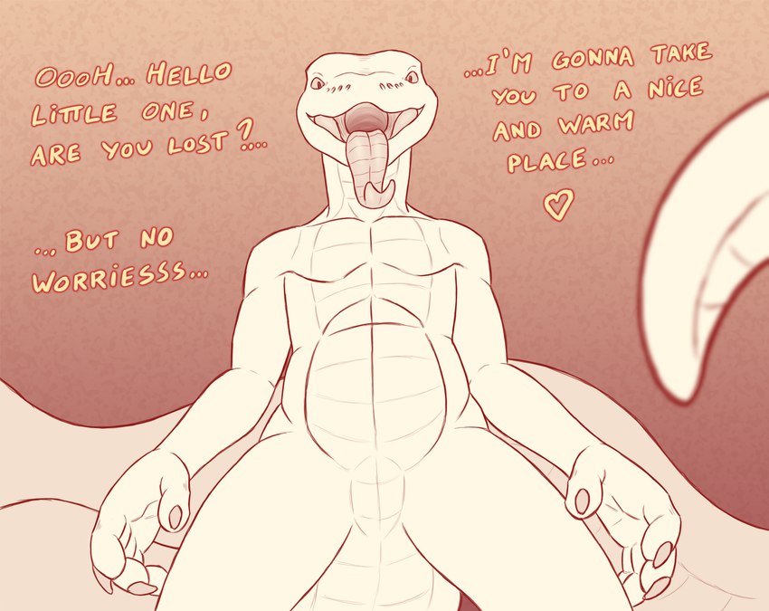 anthro claws dialogue french_artist imminent_vore low-angle_view male open_mouth solo text tongue tongue_out chokodonkey conditional_dnp zhao legged_snake reptile scalie snake english_text hi_res