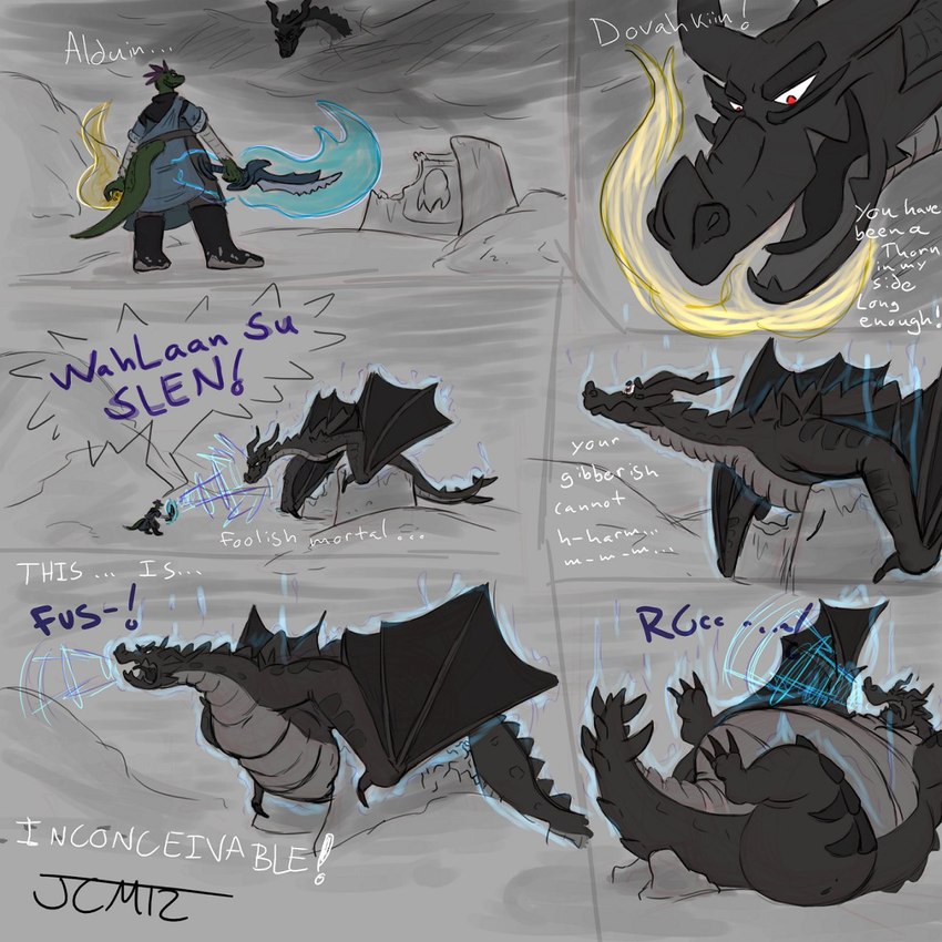 anthro belly big_belly blowing_fire ellipsis feral glowing huge_belly hyper hyper_belly inflation inhaling melee_weapon red_eyes sword text weapon wings kikatsu bethesda_game_studios microsoft mythology skyrim the_elder_scrolls alduin dovahkiin dragon lizard mythological_creature mythological_scalie reptile scalie 1:1 2012 dated english_text hi_res sequence signature