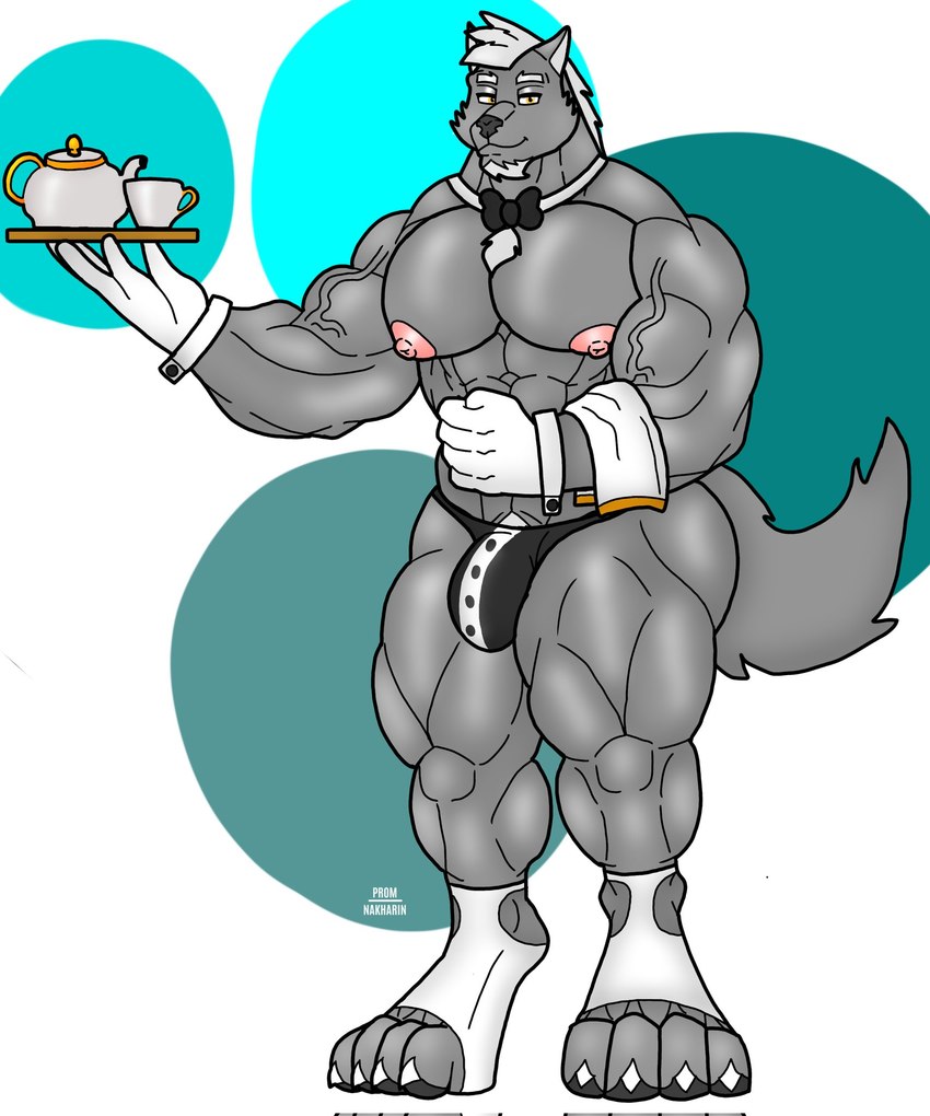 anthro biceps big_butt big_muscles bow_ribbon butt clothing container cup deltoids gloves hair handwear male muscular muscular_male nipples pecs pink_nipples quads solo tea_cup teapot vein veiny_muscles white_hair nakharin mythology jam_(nakharin) canid canine mammal mythological_canine mythological_creature werecanid werecanine werecreature werewolf hi_res