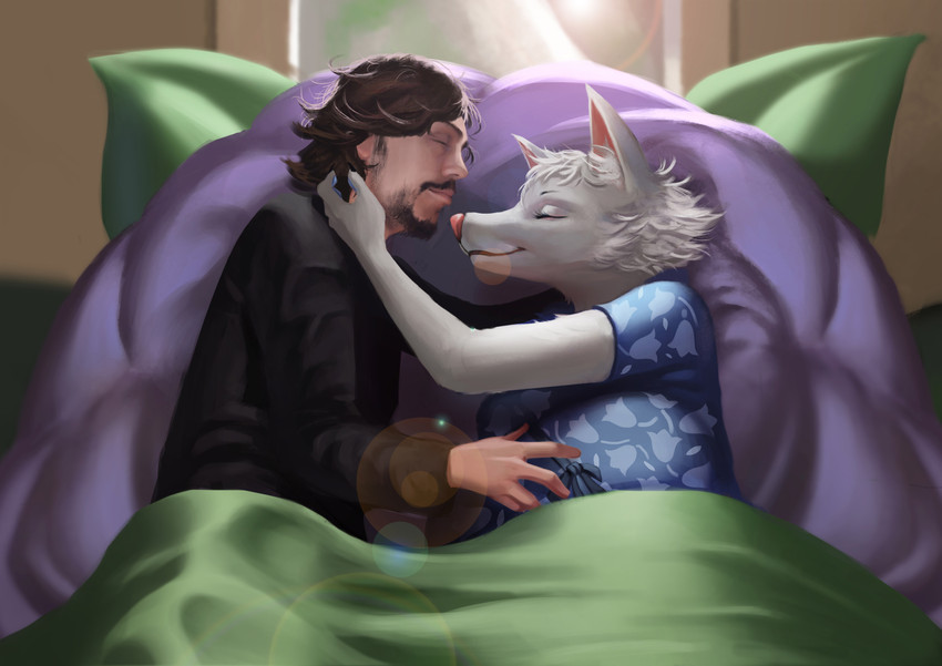 anthro bed bed_sheet bedding blue_clothing blue_dress clothed clothing cuddling dress duo eyes_closed facial_hair female fur furniture green_bed_sheet green_bedding happy hug human_on_anthro interspecies male male/female pregnant romantic smile white_body white_fur galihcrot animal_crossing nintendo ryan_(azeiron) whitney_(animal_crossing) canid canine canis human mammal wolf absurd_res hi_res