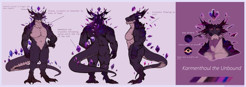 abs anthro black_hole butt crystal feet horn information information_board male muscular muscular_anthro muscular_male muscular_thighs pecs purple_body solo spikes tail text hierro_(artist) mythology dragon mythological_creature mythological_scalie scalie wingless_dragon absurd_res hi_res model_sheet