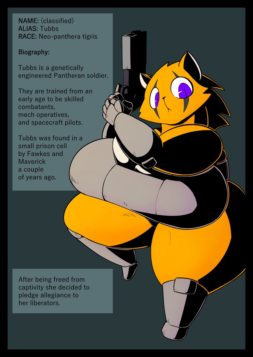 anthro armor big_breasts breastplate breasts cleavage clothed clothing female fur gun handgun huge_breasts huge_hips huge_thighs looking_at_viewer pistol purple_eyes ranged_weapon solo text thick_thighs weapon wide_hips yellow_body yellow_fur plaga parfait_(plaga) tubbs_(plaga) felid mammal pantherine tiger 2023 absurd_res digital_media_(artwork) english_text hi_res