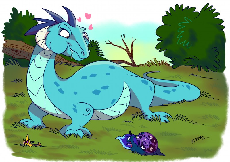 blue_body blue_scales bodily_fluids crown cutie_mark duo female feral grass headgear heart_symbol horn imminent_vore landscape log outside overweight plant saliva scales scared shrub sky tail vore wood adlynh friendship_is_magic hasbro my_little_pony mythology princess_ember_(mlp) princess_luna_(mlp) dragon gastropod mollusk mythological_creature mythological_scalie scalie snail 2016 absurd_res hi_res