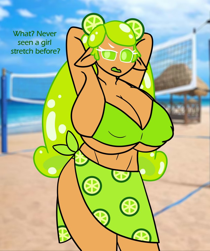 anthro big_breasts bikini breasts clothing dialogue drooped_ears female food fruit huge_breasts humanoid_pointy_ears hyper hyper_breasts lime nipple_outline plant pointy_ears solo stretching swimsuit_skirt swimwear talking_to_viewer text two-piece_swimsuit wide_hips bundle-of-kinks cookie_run lime_cookie cookie_(cookie_run) food_creature food_humanoid humanoid english_text hi_res
