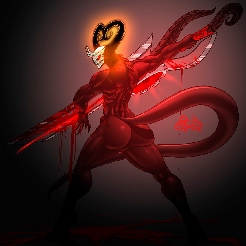 big_butt big_sword biped black_body black_skin blood bodily_fluids bone butt claws glowing glowing_eyes gradient_background horn huge_sword leaking light long_horn long_tail looking_at_viewer male melee_weapon muscular muscular_male outline rear_view red_eyes red_outline shadow simple_background skull skull_head solo standing sword tail thick_thighs weapon wide_hips rashchaos demon humanoid 1:1 absurd_res digital_media_(artwork) hi_res signature