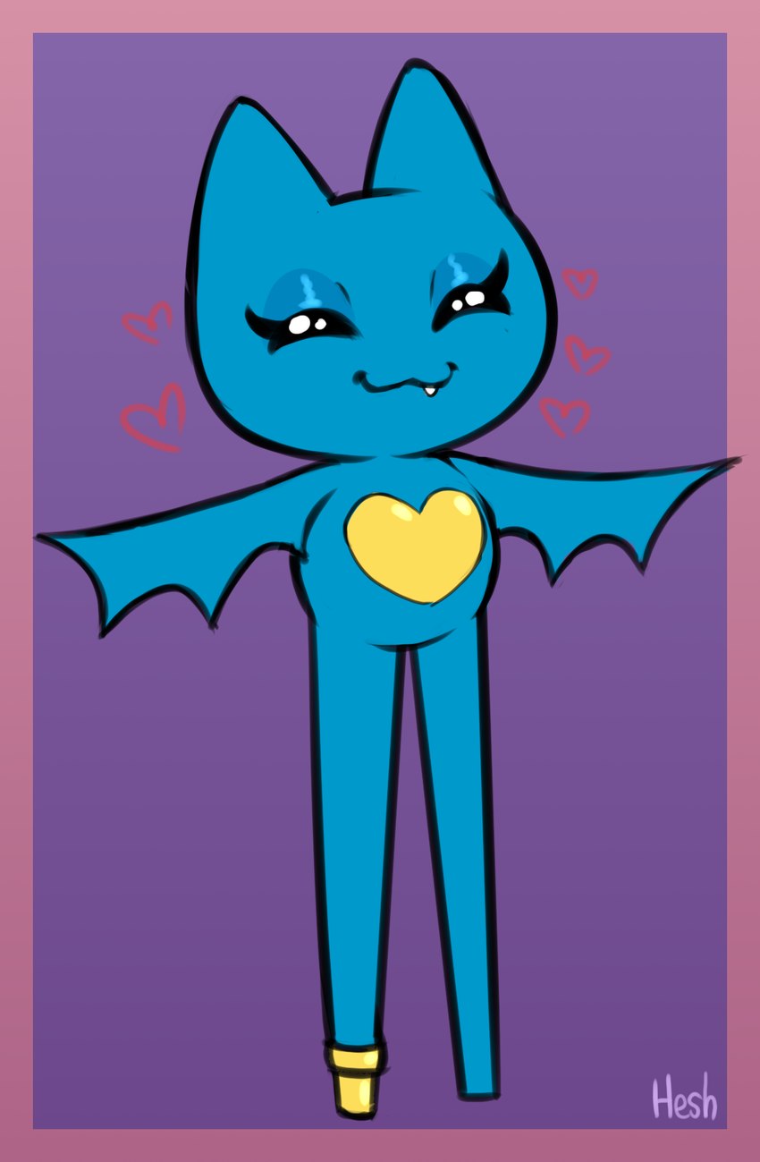 anthro bat_wings big_ears big_legs blue_body blue_ears blue_fur blue_wings blush border cute_fangs eyelashes eyes_closed fangs female fur heart_symbol long_legs membrane_(anatomy) membranous_wings opens_mile pegleg purple_background purple_border simple_background solo teeth teeth_showing winged_arms wings young heshieokf cartoon_network mao_mao:_heroes_of_pure_heart adorabat bat mammal artist_name hi_res signature