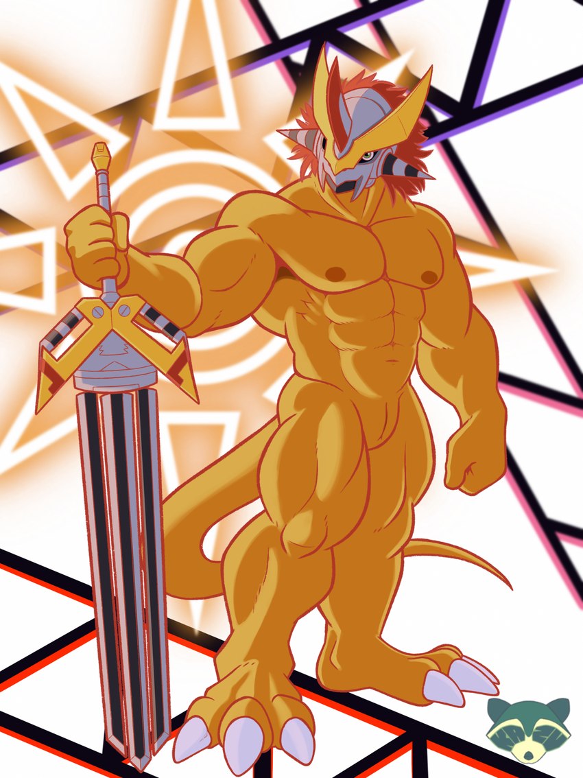 3_toes abs animal_genitalia anthro armor biceps claws feet genital_slit genitals hair headgear helmet male melee_weapon muscular muscular_anthro muscular_male nipples nude orange_body pecs red_hair solo sword toe_claws toes weapon kazusealcoon bandai_namco digimon digimon_(species) scalie victorygreymon digital_media_(artwork) hi_res