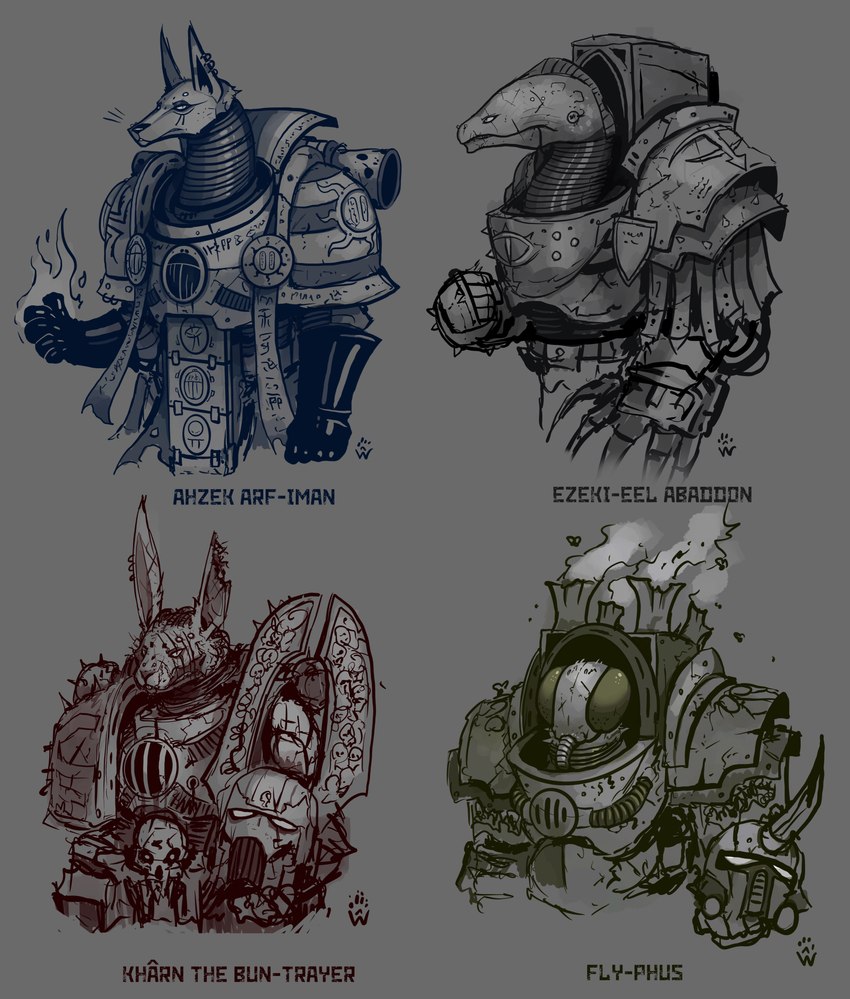 adeptus_astartes alternate_species anthro armor chaos_space_marine clothed clothed_anthro clothed_male clothing death_guard ear_piercing group headgear helmet looking_at_viewer male piercing text torn_ear wolfdawg warhammer_(franchise) warhammer_40000 ahzek_ahriman calas_typhon ezekyle_abaddon kharn_the_betrayer sons_of_horus thousand_sons world_eaters arthropod canid canine canis domestic_dog eel fish fly_(animal) insect lagomorph leporid mammal marine rabbit 2024 absurd_res english_text hi_res