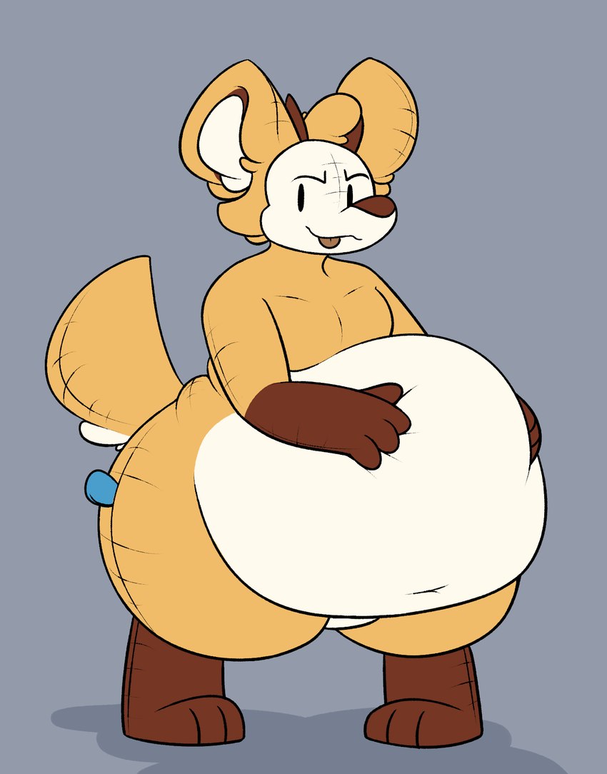 anthro belly belly_grab big_belly blep bloated fat_rolls female horn huge_belly hyper hyper_belly obese overweight plushie plushie_tag solo stitch_(sewing) thick_thighs tongue tongue_out conditional_dnp verdantphysician daisy_(verdantphysician) animate_inanimate living_plushie monster hi_res