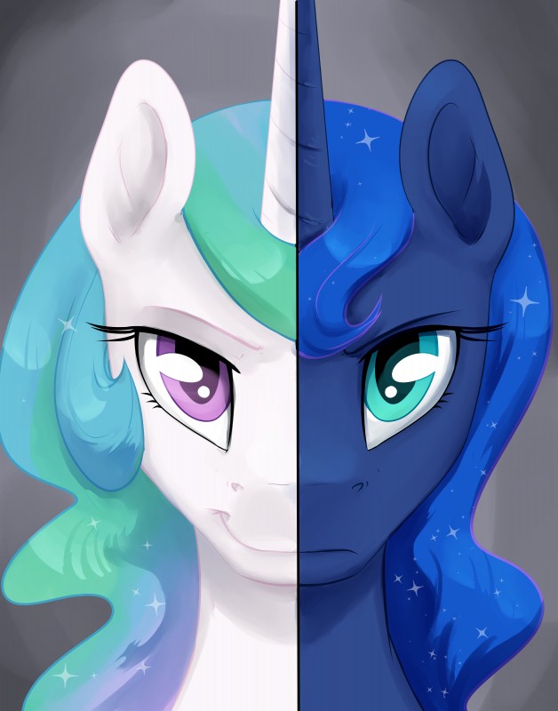 duo female feral horn silfoe friendship_is_magic hasbro my_little_pony mythology princess_celestia_(mlp) princess_luna_(mlp) equid equine mammal mythological_creature mythological_equine unicorn 2017 absurd_res hi_res