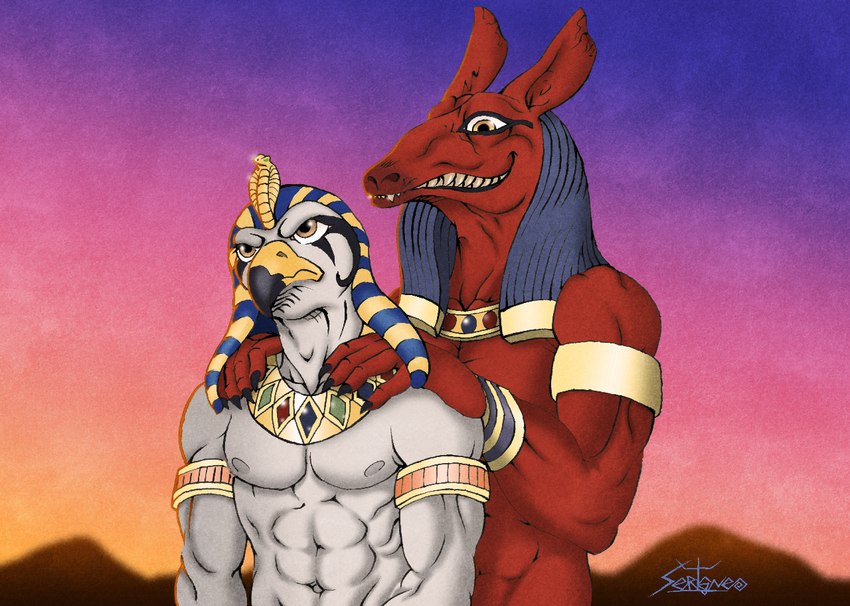 abs anthro beak duo frown grin jewelry male muscular muscular_male nipples pecs sharp_teeth smile teeth solitairewolf egyptian_mythology middle_eastern_mythology mythology horus set_(deity) avian bird deity set_(species)