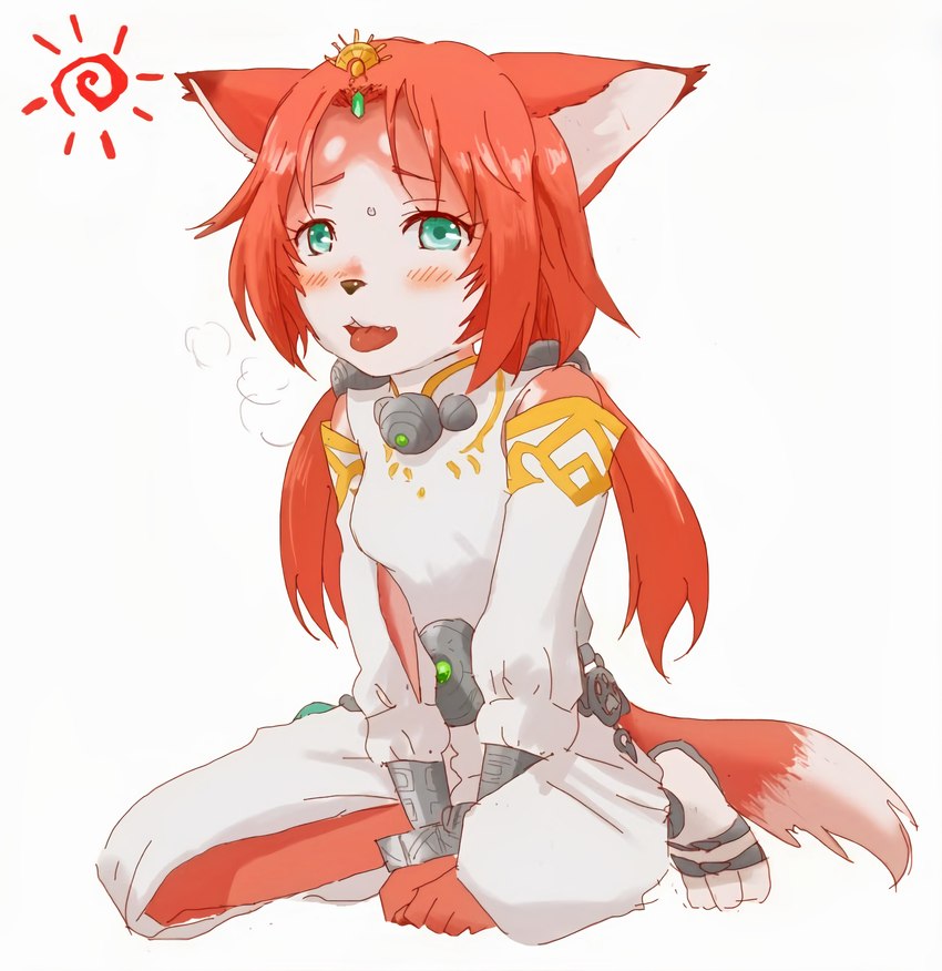 anthro armwear blue_eyes blush bodily_fluids clothing detached_sleeves female folded_ears fur kneeling looking_at_viewer red_body red_fur simple_background solo sweat tobishower_843 twintails_(hairstyle) unknown_artist koei_tecmo warriors_(game_series) warriors_all-stars tamaki_(warriors) canid canine fox mammal 2019 absurd_res hi_res