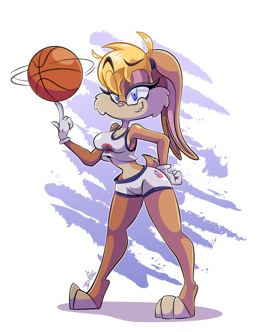 anthro ball barefoot basketball_(ball) blonde_hair blue_eyes breasts clothing eyeshadow feet female gloves hair handwear makeup motion_lines solo tune_squad_outfit tune_squad_outfit_(1996) sorprendante looney_tunes space_jam warner_brothers lola_bunny lagomorph mammal hi_res signature