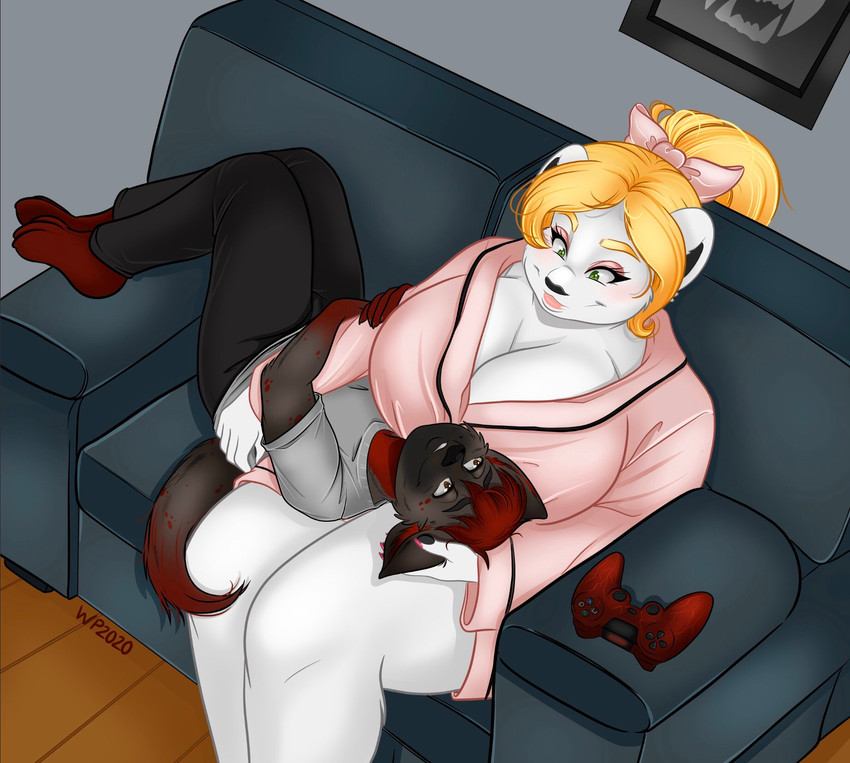 anthro anthro_on_anthro big_breasts blonde_hair blush breasts cleavage clothed clothing controller duo female furniture hair head_on_lap huge_breasts male male/female mature_anthro mature_female on_lap sofa white_body catsmeow tangerine_(catsmeow) bear mammal polar_bear ursine hi_res