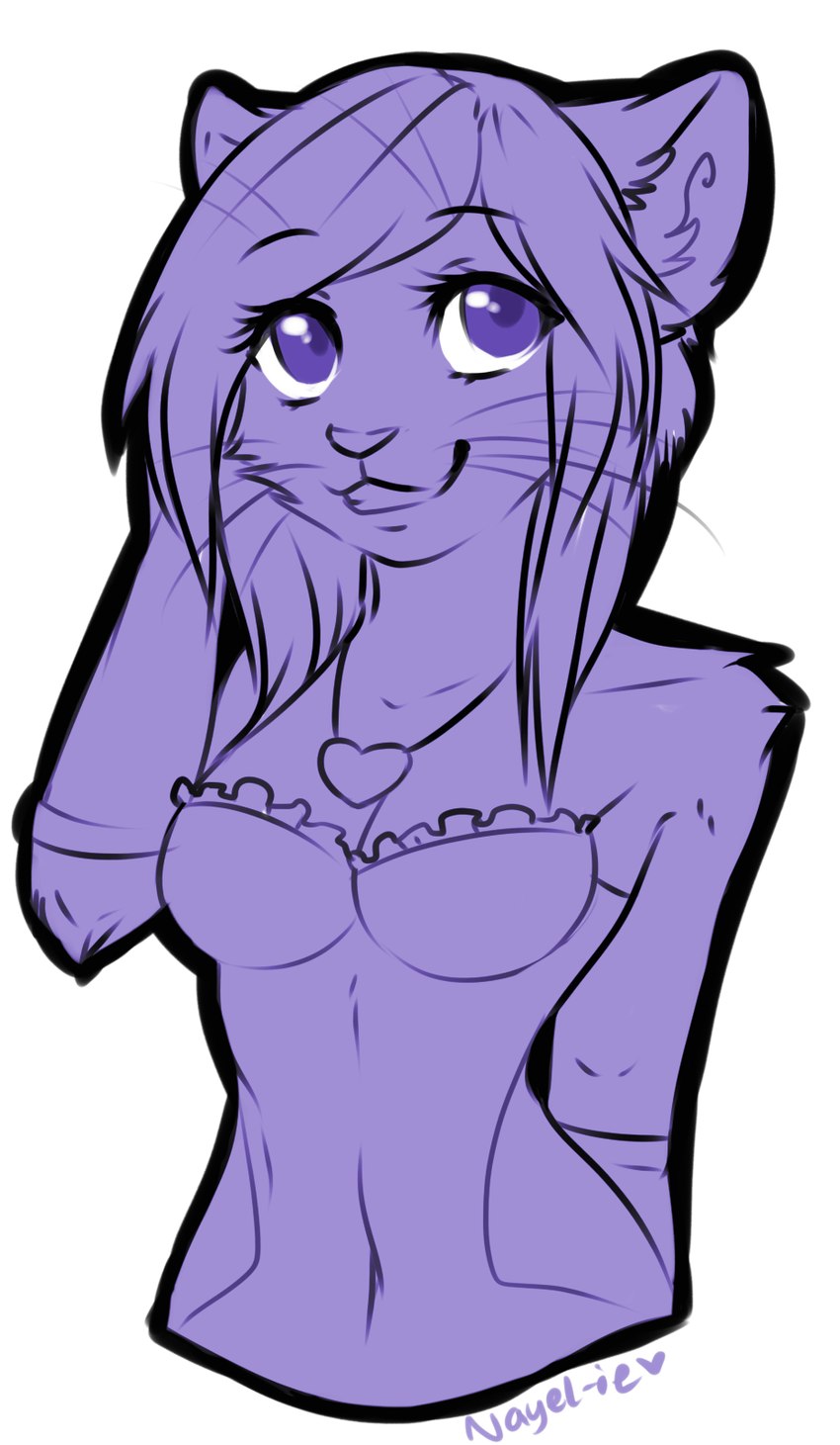 anthro breasts eyelashes female hair heart_necklace inner_ear_fluff long_hair looking_at_viewer navel purple_eyes purple_monochrome simple_background smile solo tuft whiskers white_background nayel-ie felid leopard mammal pantherine snow_leopard digital_drawing_(artwork) digital_media_(artwork) half-length_portrait hi_res portrait