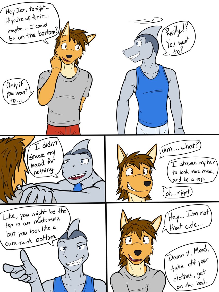 anthro clothed clothing dialogue duo embarrassed fully_clothed male male/male shirt simple_background t-shirt tank_top text topwear white_background fuze texnatsu ian_dela_cruz mond_reyes canid canine canis coyote fish mammal marine shark 3:4 comic english_text hi_res