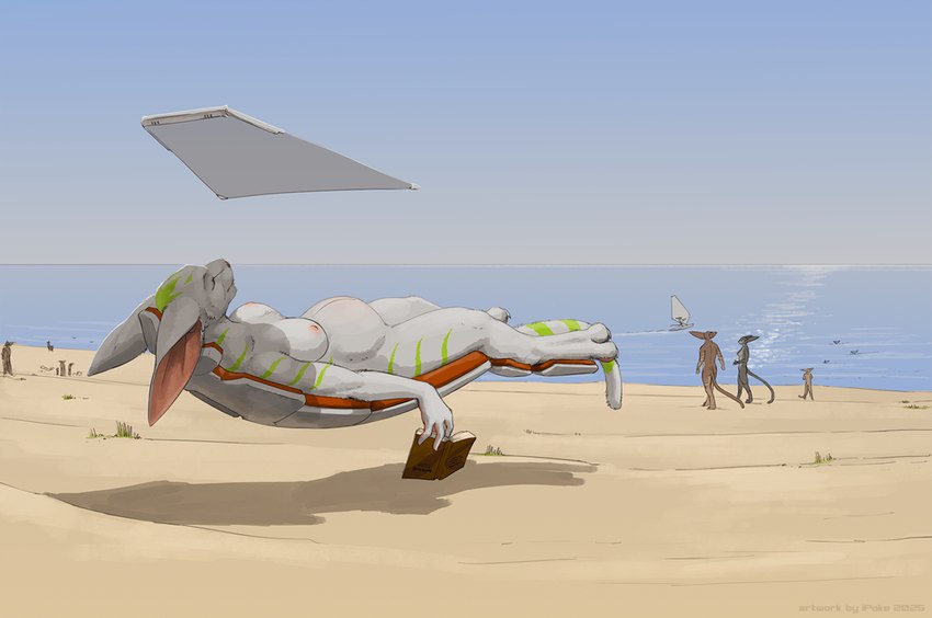 anthro beach book breasts casual_nudity cheek_tuft chest_tuft claws day detailed_background digitigrade facial_tuft female floating futuristic group holding_book holding_object hovering lying male nude nude_anthro nude_beach nude_female nude_male outdoor_nudity outside pregnant pregnant_female sand sea sleeping solo_focus sunbathing tail toe_claws tuft water ipoke si'itiae 2025 colored digital_drawing_(artwork) digital_media_(artwork) full-length_portrait portrait signature