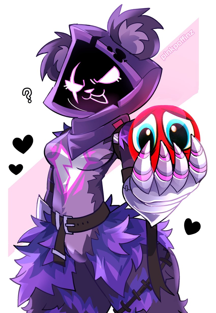 anthro ball belly belly_markings belt black_belt black_heart breasts ear_tuft eye_scar facial_scar female fur markings offering_to_viewer open_mouth open_smile purple_body purple_fur purple_hood question_mark red_ball scar simple_background small_breasts smile solo standing text tuft white_markings pinkpoffinz epic_games fortnite raven_team_leader bear mammal 2024 absurd_res artist_name digital_media_(artwork) hi_res portrait three-quarter_portrait