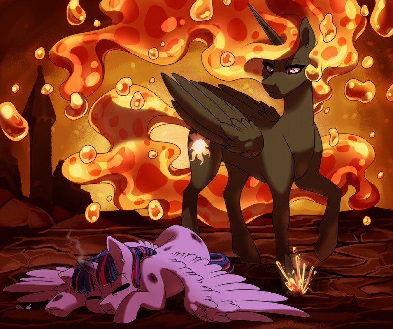 black_body black_fur black_wings burn_mark cutie_mark duo feathered_wings feathers female feral fur hair horn purple_body purple_fur purple_hair purple_wings scorch_mark steam wings lopoddity friendship_is_magic hasbro my_little_pony mythology princess_celestia_(mlp) twilight_sparkle_(mlp) equid equine mammal mythological_creature mythological_equine winged_unicorn 2016