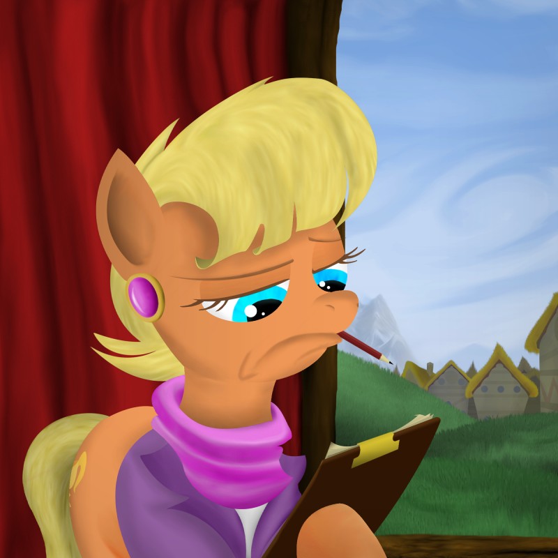 blonde_hair blue_eyes clothed clothing cutie_mark day detailed_background ear_piercing eyelashes female feral frown grass hair hooves outside pencil_(object) piercing plant sky solo konsumo friendship_is_magic hasbro my_little_pony ms._harshwhinny_(mlp) earth_pony equid equine horse mammal pony 1:1 hi_res