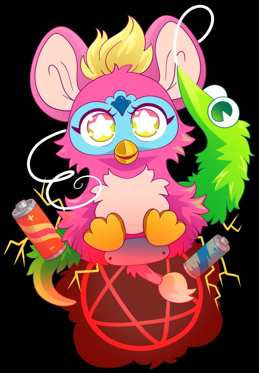 ambiguous_feral ambiguous_gender battery beak blonde_hair duo eyelashes feet feral fur green_body green_fur hair machine occult_symbol pentacle pie_cut_eyes pink_body pink_fur simple_background starry_eyes string summoning summoning_circle symbol toy transparent_background cutepencilcase furby furby_(species) mammal robot squirmle 2024 alpha_channel hi_res shaded