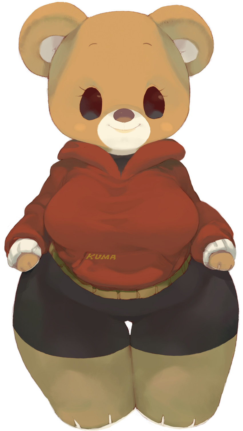 anthro barefoot bottomwear breasts brown_body clothing feet female hoodie shorts simple_background smile solo standing topwear white_background koki bear mammal 2013 absurd_res hi_res