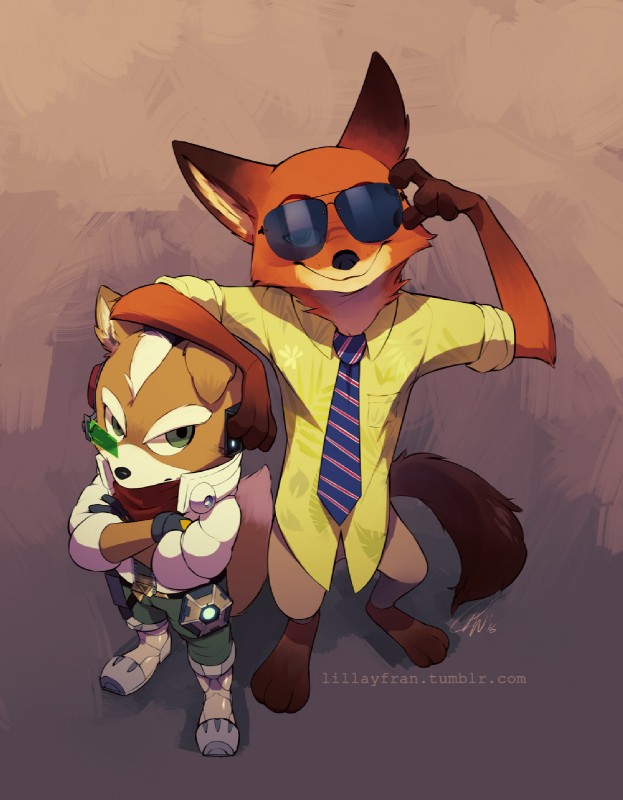 anthro black_nose clothed clothing communicator duo eyewear feet fur glasses male necktie red_body red_fur sunglasses lillayfran disney nintendo star_fox zootopia fox_mccloud nick_wilde reflector canid canine fox mammal red_fox true_fox 2016 digital_media_(artwork) hi_res