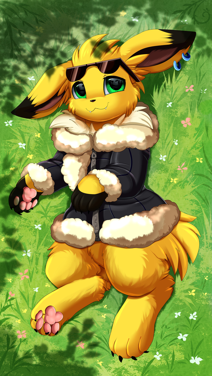 clothing ear_piercing eyewear fur grass green_eyes piercing plant smile solo sunglasses underpaw yellow_body yellow_fur pridark nintendo pokemon fan_character eevee eeveelution generation_1_pokemon jolteon pokemon_(species) 2020 absurd_res hi_res