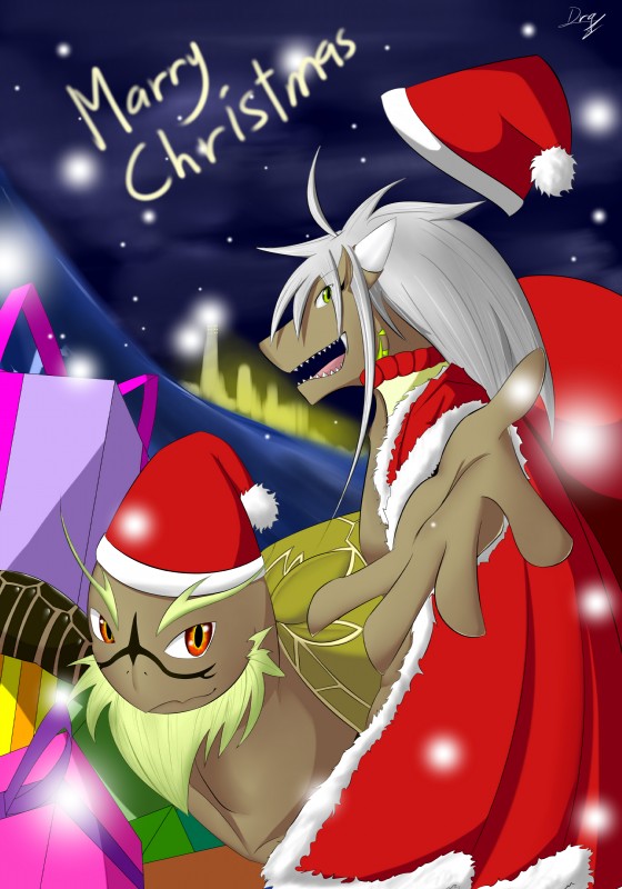 abs clothed clothing duo eyebrows fur gift green_eyes green_tattoo grey_hair hair hat headgear headwear horn male marry_christmas muscular open_mouth shell snow tattoo text winter dragonking007 mythology draice laish dragon mythological_creature mythological_scalie reptile scalie sea_turtle turtle 2015 absurd_res colorful_theme digital_media_(artwork) hi_res