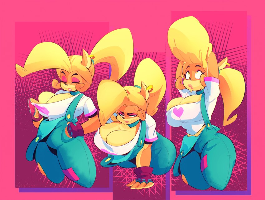 anthro big_breasts blonde_hair breasts cleavage clothed clothing female hair huge_breasts lipstick makeup overalls solo topwear jdwalkrat activision crash_bandicoot_(series) coco_bandicoot 2022 hi_res