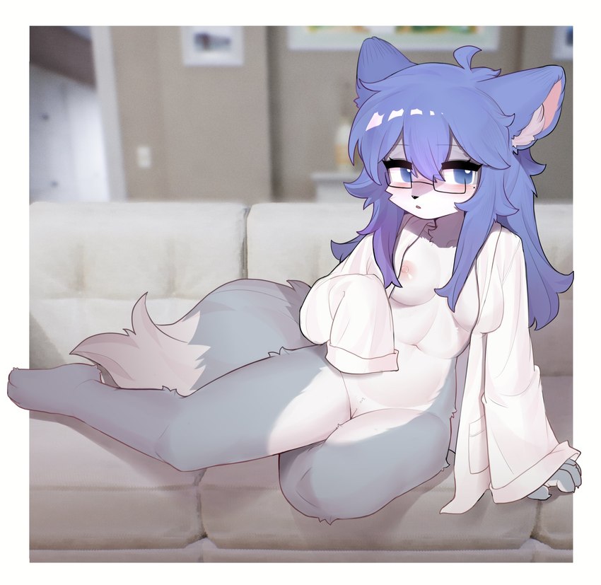 anthro areola blue_eyes blue_hair blush breasts dipstick_tail eyewear feet female female_anthro fur furniture genitals glasses grey_body grey_fur hair innie_pussy kemono long_hair looking_at_viewer markings mostly_nude narrowed_eyes nipples paws pussy rectangular_glasses seductive sofa solo tail tail_markings toes wearing_glasses white_body white_fur crayon_(artist) canid canine canis mammal wolf 2023 digital_media_(artwork) hi_res