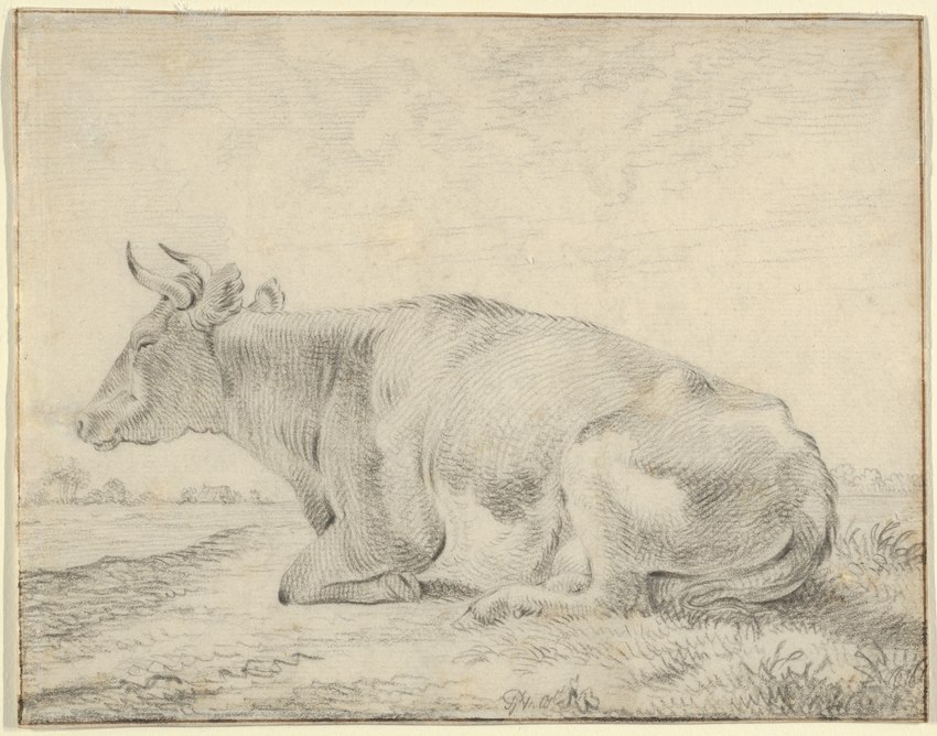 2_horns female feral fur grass hooves horn narrowed_eyes outside plant side_view sitting snout solo tail tree water pieter_gerardus_van_os bovid bovine cattle mammal 19th_century absurd_res ancient_art chalk_(artwork) formal_art hi_res traditional_media_(artwork)