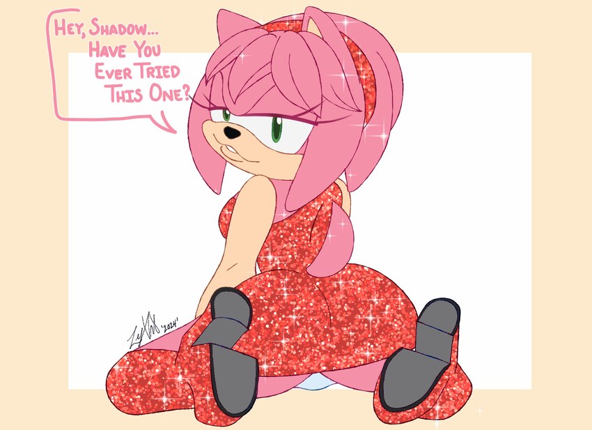 all_fours anthro bangs big_butt butt clothed clothing dress female footwear fur green_eyes hair half-closed_eyes handwear looking_at_viewer looking_back narrowed_eyes panties panty_shot pink_body pose simple_background smile solo sparkles sparkling_clothing sparkling_dress tail text underwear wide_hips leylahshan sega sonic_the_hedgehog_(series) amy_rose eulipotyphlan hedgehog mammal 2024 digital_drawing_(artwork) digital_media_(artwork) english_text signature