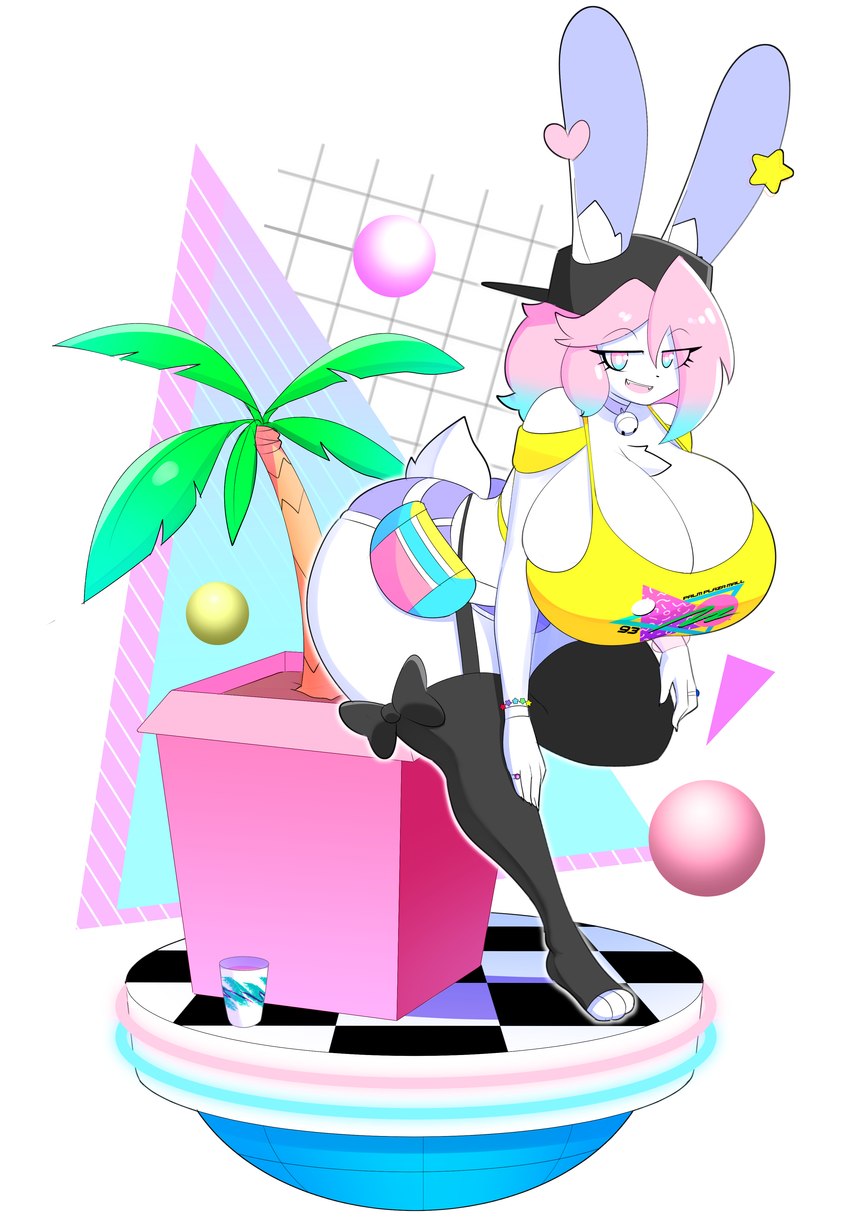 5_fingers abstract_background anthro bell bell_collar big_breasts black_baseball_cap black_clothing black_legwear black_thigh_highs blue_eyes blue_hair bottomwear bracelet breasts checkered checkered_floor chest_tuft cleavage clothed clothing collar container cup eye_through_hair eyebrow_through_hair eyebrows eyelashes fanny_pack female fingers fur furgonomic_baseball_cap furgonomic_hat furgonomic_headwear furgonomics hair hotpants huge_breasts inner_ear_fluff jewelry jingle_bell jingle_bell_collar legwear long_ears multicolored_eyes multicolored_hair narrowed_eyes open_mouth open_smile palm_tree pink_eyes pink_hair plant purple_bottomwear purple_clothing purple_hotpants purple_shorts scut_tail short_tail shorts smile solo tail thick_thighs thigh_highs topwear translucent translucent_hair tree tuft two_tone_eyes two_tone_hair white_body white_fur wide_hips yellow_clothing yellow_topwear theycallhimcake pb_(theycallhimcake) lagomorph leporid mallkin mammal rabbit 2022 absurd_res digital_drawing_(artwork) digital_media_(artwork) english_description full-length_portrait hi_res portrait busty_boy_(lore) male_(lore)
