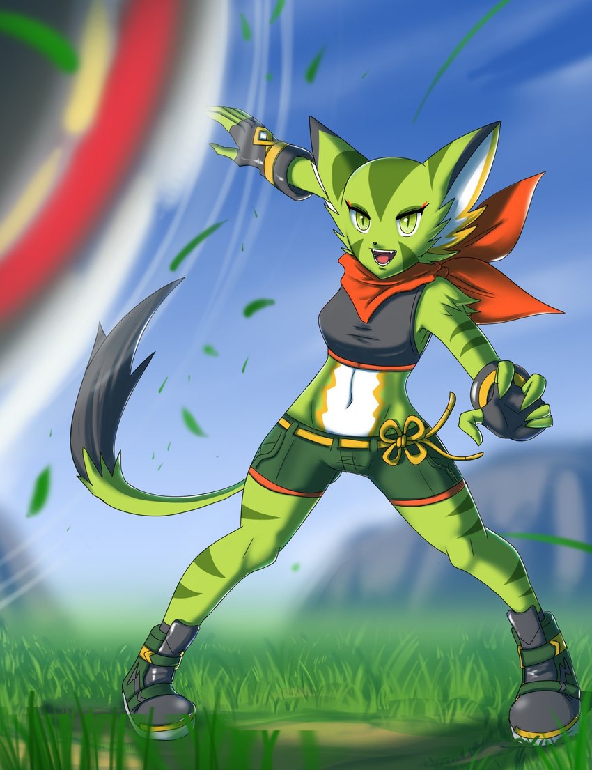 anthro blurred_background bottomwear breasts clothed clothing female fingerless_gloves footwear fur gloves grass green_body green_eyes green_fur handwear midriff navel open_mouth outside plant pupils scarf shirt shoes shorts slit_pupils solo tank_top teeth tongue topwear sonicboom30813 freedom_planet galaxytrail carol_tea felid feline felis mammal wildcat hi_res