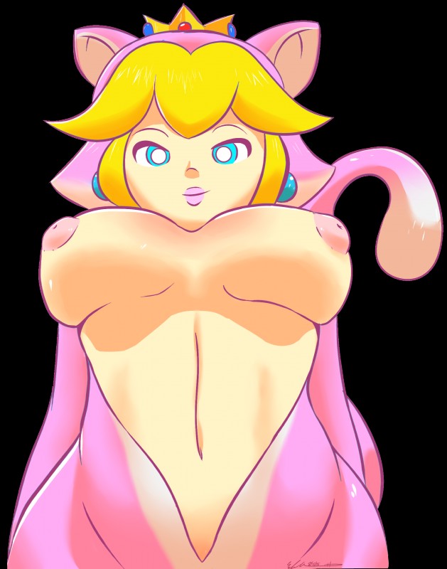 blue_eyes breasts cat_suit_(mario) crown fake_cat_ears fake_ears female hair headgear latex lipstick long_hair low-angle_view makeup nipples solo elirunes mario_bros nintendo cat_peach princess_peach animal_humanoid cat_humanoid domestic_cat felid felid_humanoid feline feline_humanoid felis humanoid mammal mammal_humanoid absurd_res alpha_channel hi_res