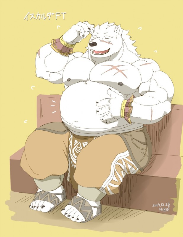 anthro belly biped bottomwear clothing eyes_closed fur humanoid_hands male moobs navel nipples overweight overweight_anthro overweight_male pants scar sitting solo text white_body white_fur niku_18 mammal 2019 hi_res japanese_text