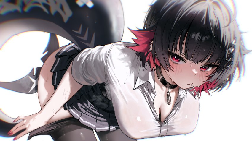 accessory bent_over big_breasts black_bottomwear black_choker black_clothing black_jewelry black_necklace black_skirt blush blush_lines bodily_fluids bottomwear breasts candy choker cleavage clothed clothing clothing_pull dessert ear_piercing female fish_tail food hair hair_accessory jewelry leaning leaning_forward legwear legwear_pull lollipop lollipop_in_mouth looking_at_viewer mole_under_eye necklace pantyhose pantyhose_pull piercing pleated_skirt red_eyes red_hair school_uniform shark_tail shirt short_hair simple_background skirt solo sweat sweaty_breasts sweaty_face sweaty_legs sweaty_thighs tail topwear uniform white_background white_clothing white_shirt white_topwear chirong559 mihoyo zenless_zone_zero ellen_joe_(zzz) animal_humanoid fish fish_humanoid humanoid marine marine_humanoid shark_humanoid tailed_humanoid thiren chromatic_aberration digital_drawing_(artwork) digital_media_(artwork) hi_res