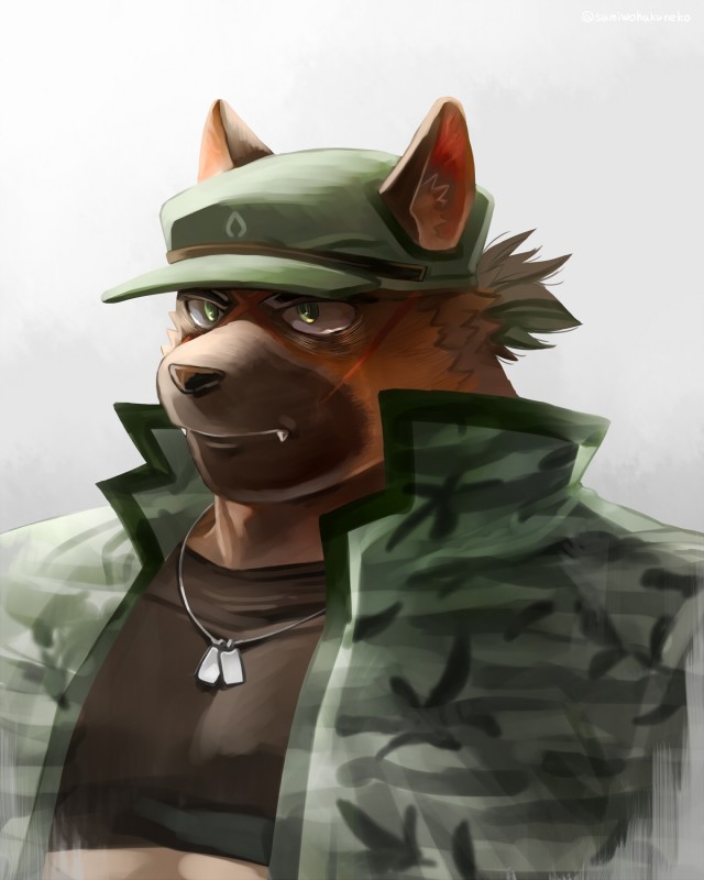 anthro brown_body brown_fur clothing cute_fangs fangs fur hat headgear headwear male scar shirt simple_background solo teeth topwear sumiwohakuneko lifewonders tokyo_afterschool_summoners yasuyori_(tas) canid canine canis domestic_dog mammal 2020 4:5 absurd_res hi_res