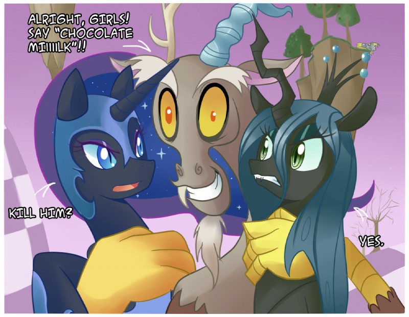 angry blue_hair border brown_body brown_fur fangs feathered_wings feathers female feral fur grey_body grey_feathers group hair horn male plant smile teeth text tree white_border wings enecoo friendship_is_magic hasbro my_little_pony mythology derpy_hooves_(mlp) discord_(mlp) nightmare_moon_(mlp) queen_chrysalis_(mlp) arthropod changeling chimera draconequus equid equine mammal mythological_creature mythological_equine pegasus unicorn english_text