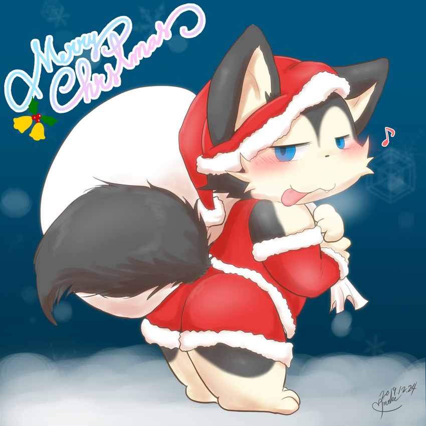 anthro blue_eyes clothing costume fur holidays male santa_costume solo tail text young young_anthro young_male namoke christmas lux_(namoke) santa_claus canid canine canis domestic_dog mammal 1:1 digital_drawing_(artwork) digital_media_(artwork) digital_painting_(artwork) hi_res painting_(artwork)