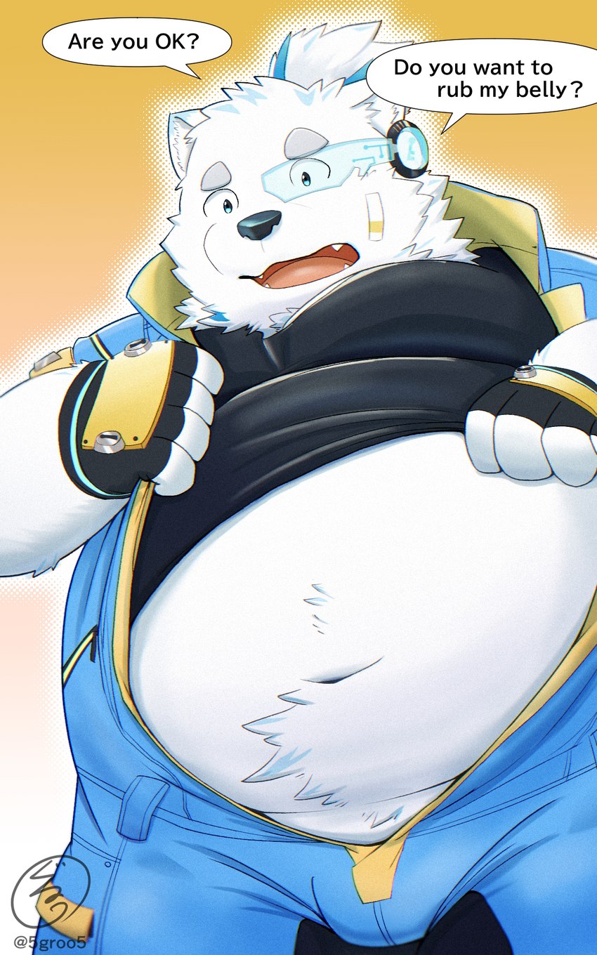 anthro band-aid bandage belly big_belly black_nose bulge dialogue fur humanoid_hands kemono male navel overweight overweight_male solo text white_body white_fur 5groo5 lifewonders live_a_hero yohack canid canine canis domestic_dog mammal 2024 5:8 english_text hi_res