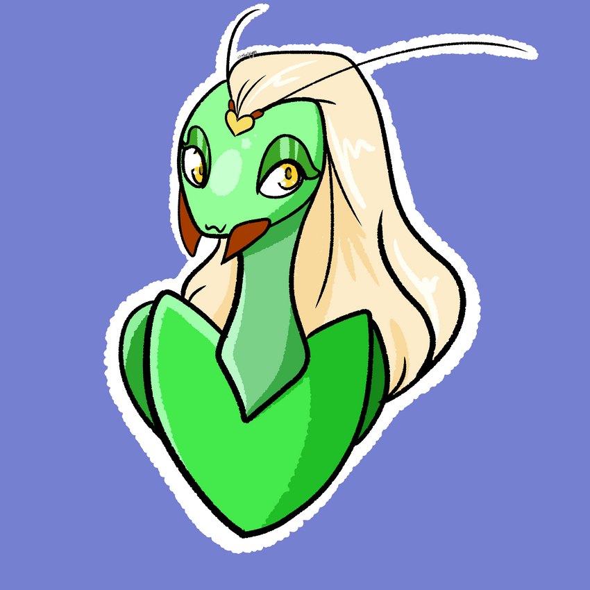 anthro blonde_hair blue_background border female hair heart_symbol long_hair mandibles non-mammal_hair simple_background solo white_border yellow_eyes hirothedragon brizzie arthropod chinese_mantis insect mantis 1:1 absurd_res hi_res