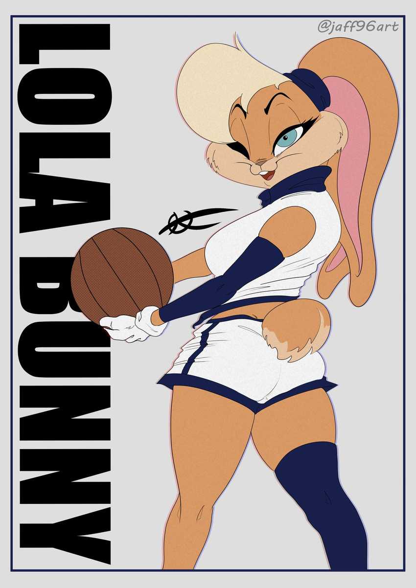 anthro ball basketball_(ball) border breasts butt clothed clothing female fully_clothed fur grey_border holding_object looking_at_viewer looking_back looking_back_at_viewer midriff one_eye_closed open_mouth open_smile simple_background smile solo wink jaff96 looney_tunes warner_brothers lola_bunny lagomorph leporid mammal rabbit 2021 hi_res signature