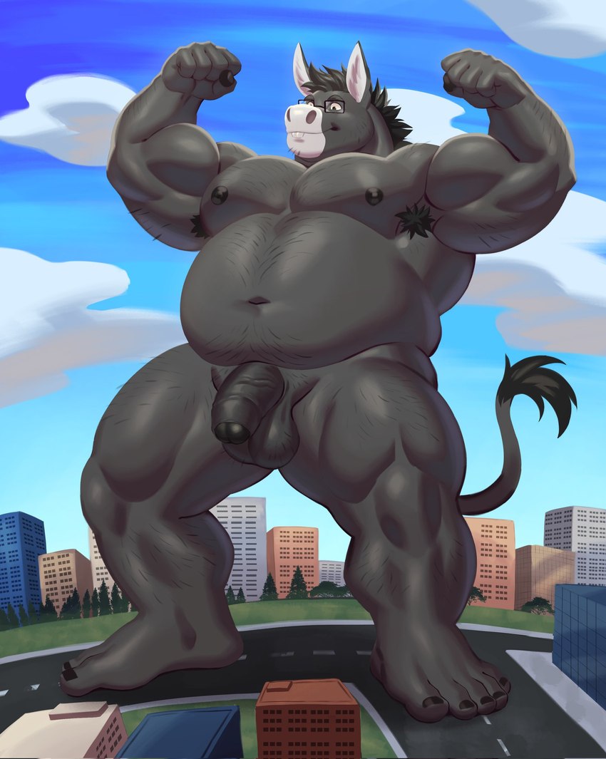 5_fingers 5_toes anthro armpit_hair balls barefoot black_body black_fur black_glans black_hair black_nipples blue_sky body_hair chest_hair city cityscape cloud detailed_background eyewear feet fingers flaccid flexing flexing_bicep flexing_both_biceps foreskin fur genitals glans glasses grass hair hairy_balls humanoid_genitalia humanoid_penis macro male nipples nude overweight overweight_anthro overweight_male pecs penis plant sky solo street tail tail_tuft thick_thighs toes tree tuft adios carlos_(burropaleta) asinus donkey equid equine mammal 2023 hi_res