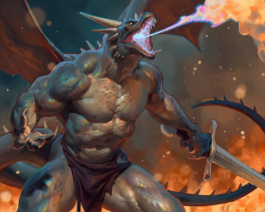 4_fingers action_pose anthro back_wings biceps bottomwear breath_powers claws clothed clothing elemental_manipulation finger_claws fingers fire fire_background fire_breathing fire_manipulation front_view holding_melee_weapon holding_object holding_sword holding_weapon horn loincloth loincloth_only long_tail male melee_weapon membrane_(anatomy) membranous_wings muscular muscular_male open_mouth pecs pose scales sharp_teeth solo spiked_tail spikes spikes_(anatomy) sword tail teeth topless topless_male weapon white_eyes wings taran_fiddler mythology weretober dragon mythological_creature mythological_scalie scalie 2024 5:4 hi_res signature