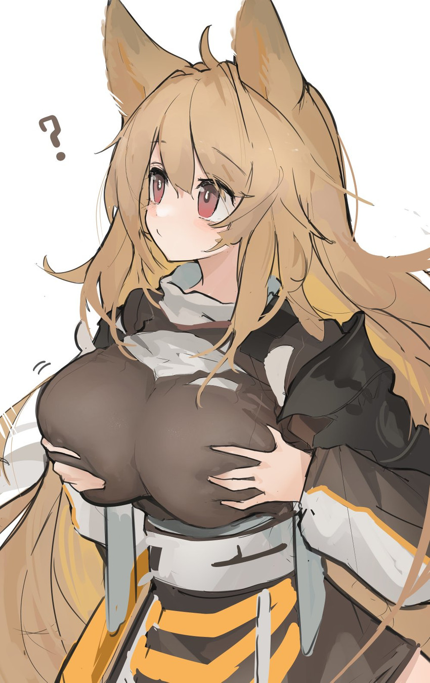 5_fingers big_breasts blonde_hair breasts female fingers hair hand_on_breast long_hair looking_up nipple_outline question_mark red_eyes simple_background solo surprise white_background mikojin arknights hypergryph studio_montagne ceobe_(arknights) animal_humanoid canid canid_humanoid humanoid mammal mammal_humanoid 2020 hi_res