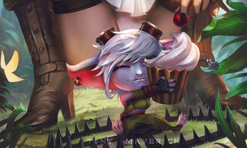 bear_trap blue_body blue_skin clothing crouching cupcake duo ear_piercing ear_ring eyewear female food goggles grass hair piercing plant ring_piercing sitting trap_(contrivance) underwear white_hair tony_maverick league_of_legends riot_games tencent caitlyn_(lol) tristana_(lol) gastropod human humanoid mammal mollusk snail yordle 5:3 hi_res