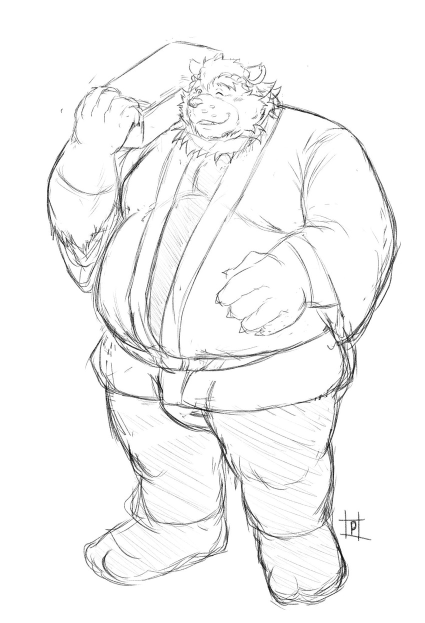 anthro belly clothing eyes_closed humanoid_hands male obese obese_anthro obese_male overweight overweight_anthro overweight_male solo underwear pochizizi lifewonders live_a_hero goro_(live_a_hero) bear mammal 2021 hi_res monochrome sketch