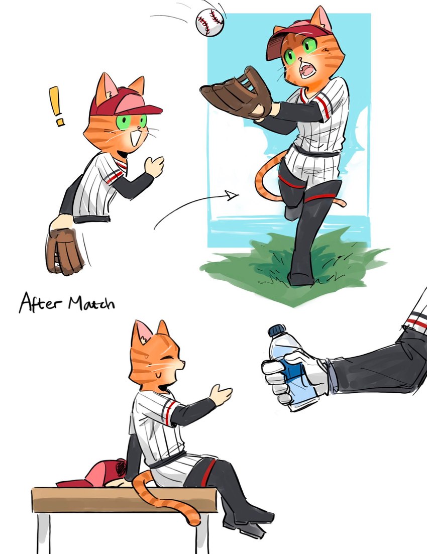 alternate_universe alternative_fashion anthro ball baseball_cap baseball_glove baseball_uniform bench bodily_fluids boots bottle bottomwear clothing cloud container directional_arrow duo exclamation_point eyes_closed faceless_character footwear fur gloves grass green_eyes grey_body grey_fur handwear hat headgear headwear holding_object male open_mouth open_smile orange_body orange_fur outside pants plant reaching reaching_for_object reaching_out running shirt shoes simple_background sitting size_difference smile solo_focus sport sportswear sweat sweatdrop text topwear uniform water_bottle whiskers white_background white_clothing hakiku17 dreamworks puss_in_boots_(franchise) death_(puss_in_boots) puss_in_boots_(dreamworks) domestic_cat felid feline felis mammal tabby_cat hi_res multiple_images sequence